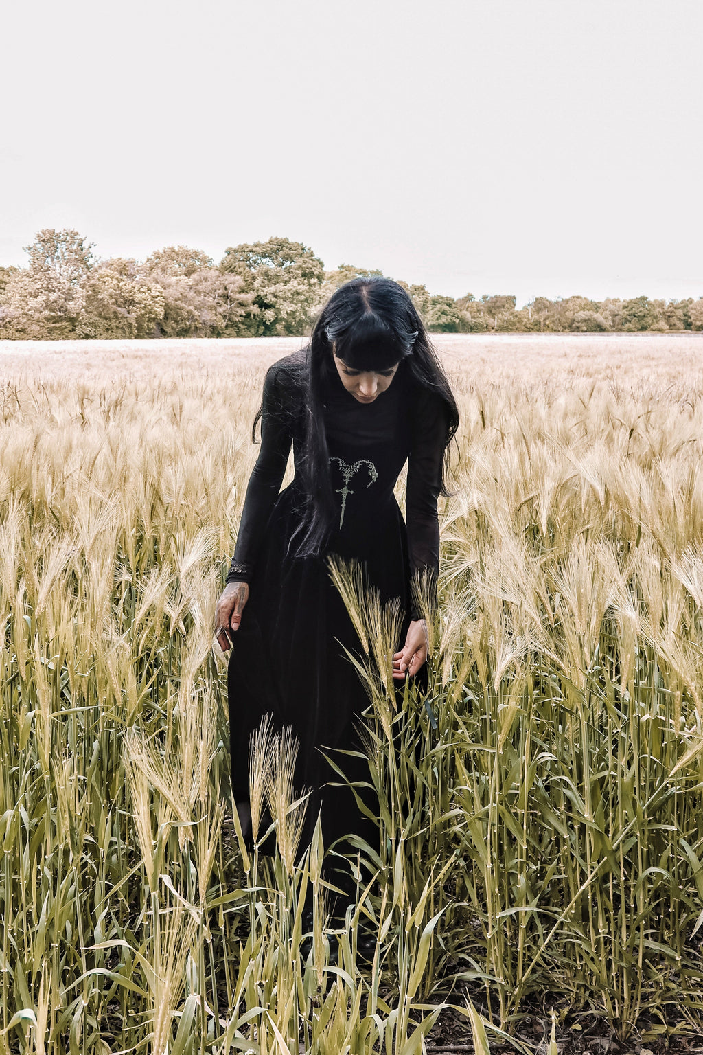 Dark in Love Lux Black Velvet Horn Embroidery Gothic Maxi Dress