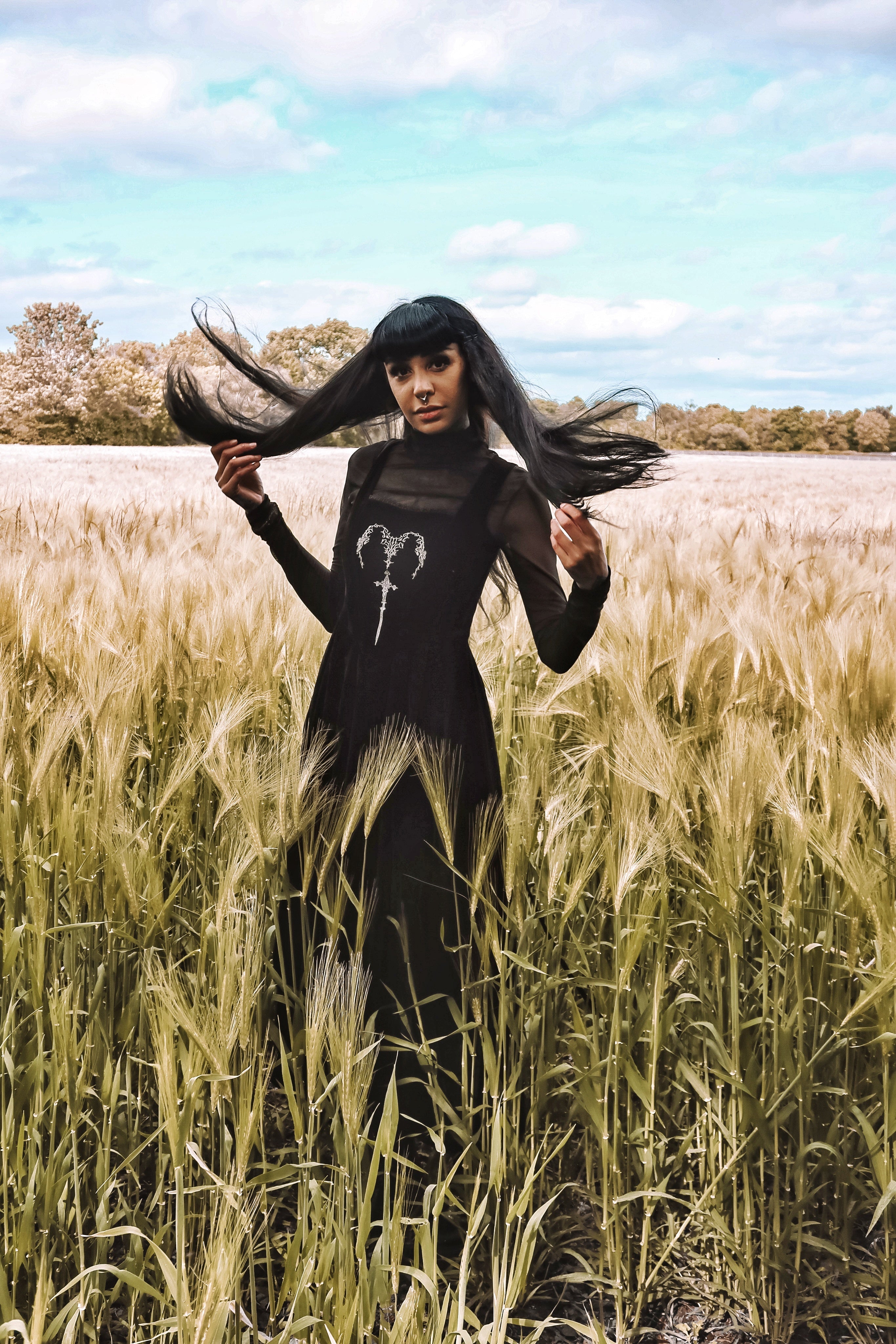 Dark in Love Lux Black Velvet Horn Embroidery Gothic Maxi Dress