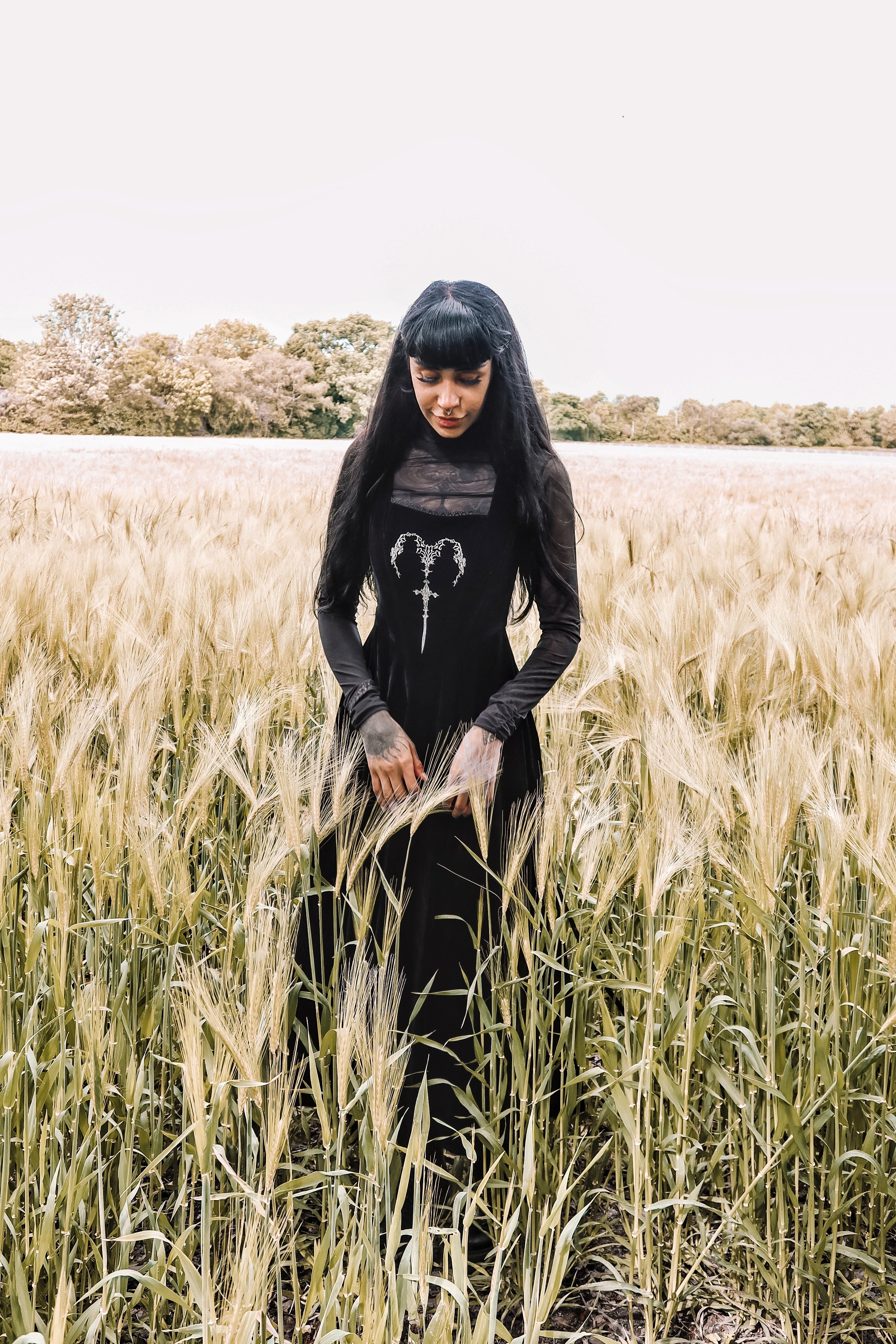 Dark in Love Lux Black Velvet Horn Embroidery Gothic Maxi Dress