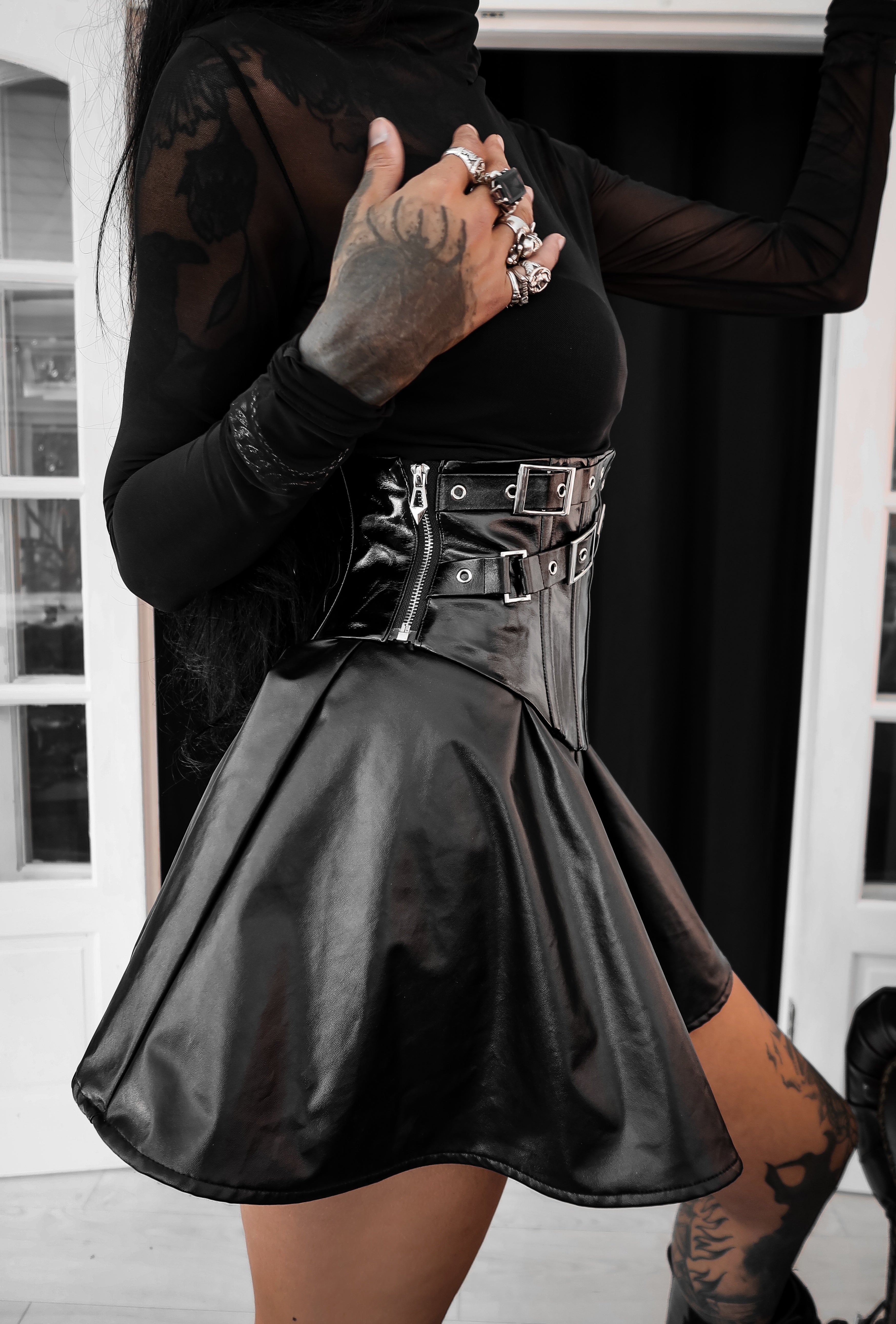 Dark in Lia Punk Love Black Patent Leather Waist Corset with Metal
