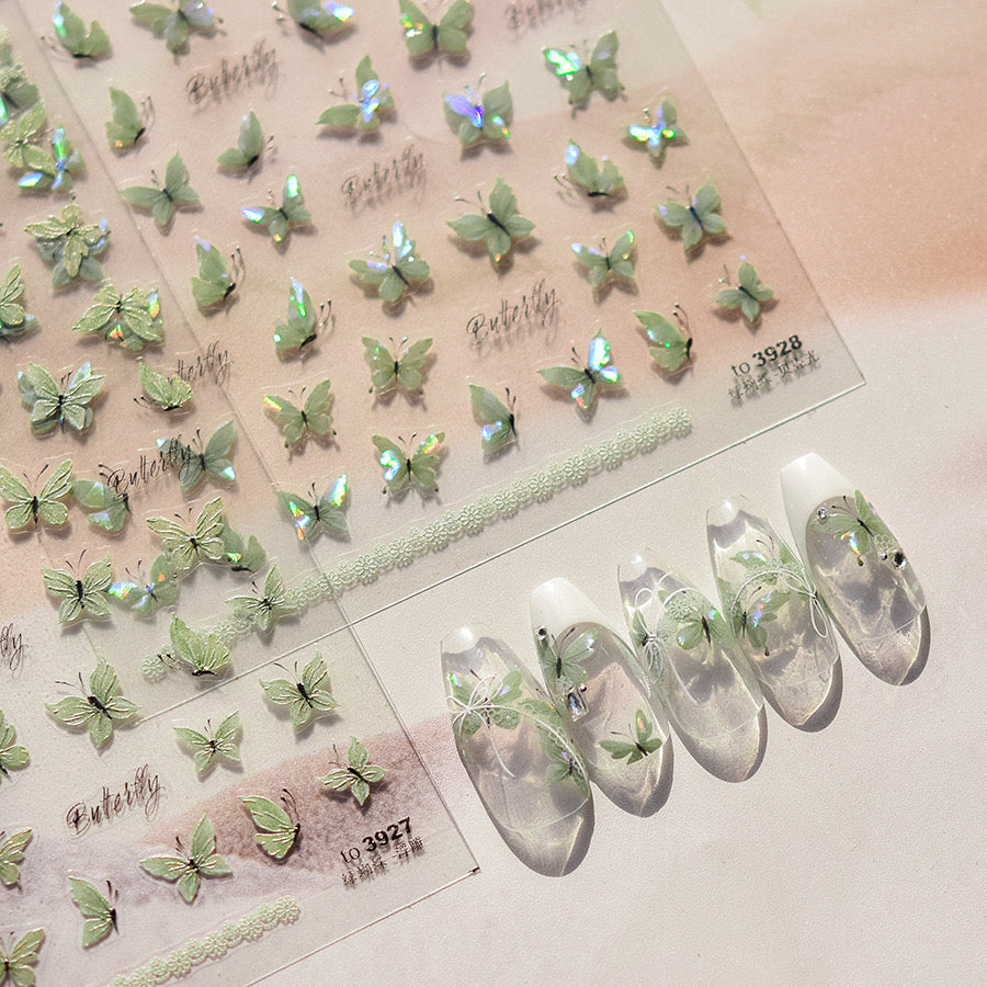 LuLuFun Studio | 5D Embossed Crystal Green Butterfly Nail Art Stickers
