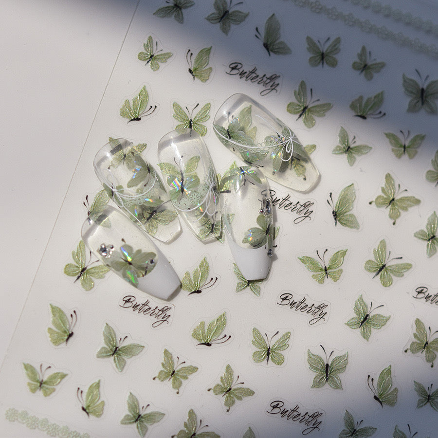 LuLuFun Studio | 5D Embossed Crystal Green Butterfly Nail Art Stickers