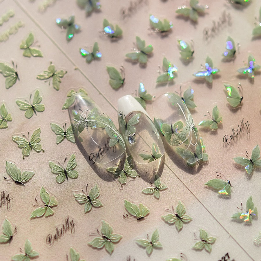 LuLuFun Studio | 5D Embossed Crystal Green Butterfly Nail Art Stickers