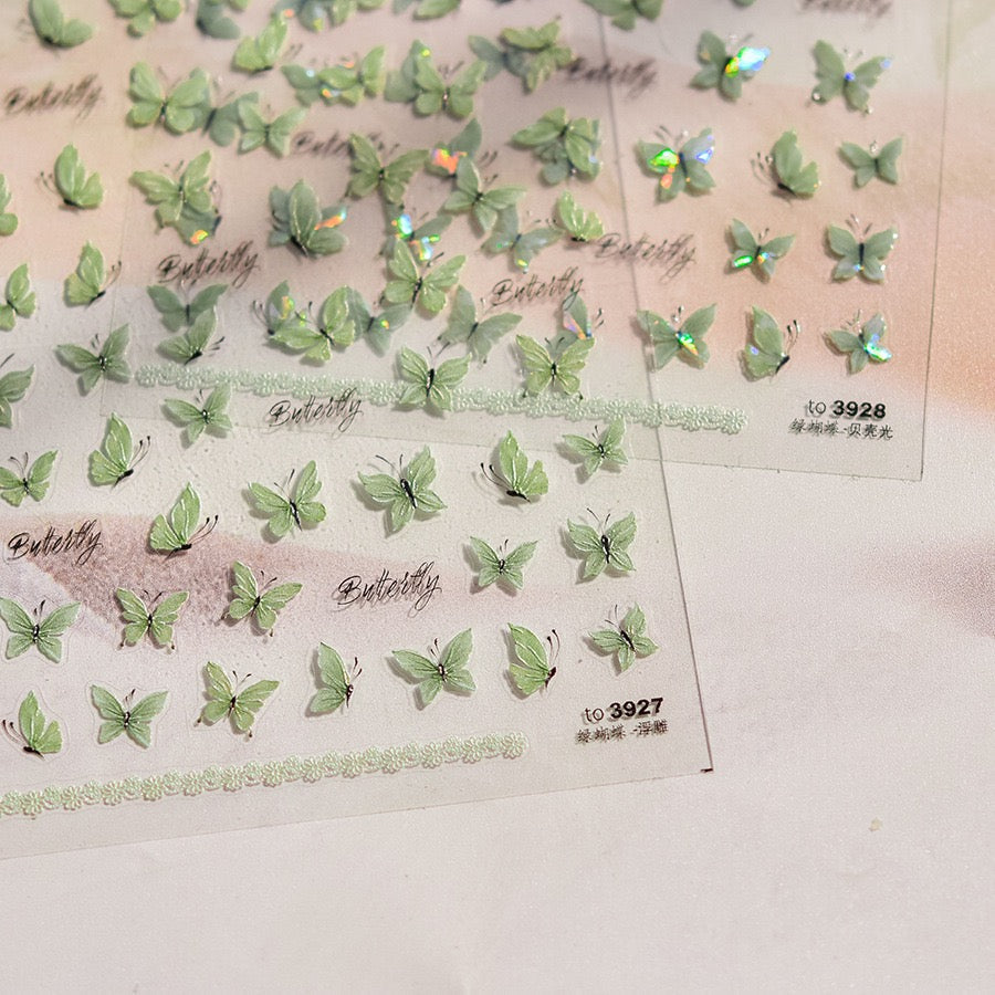 LuLuFun Studio | 5D Embossed Crystal Green Butterfly Nail Art Stickers