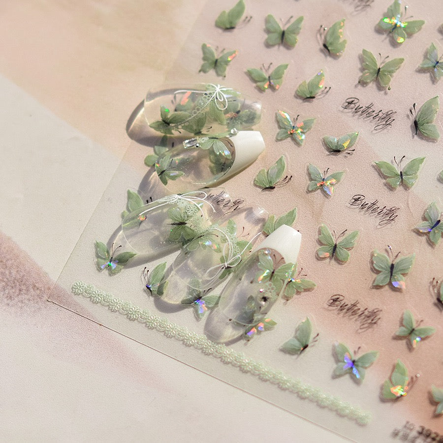 LuLuFun Studio | 5D Embossed Crystal Green Butterfly Nail Art Stickers