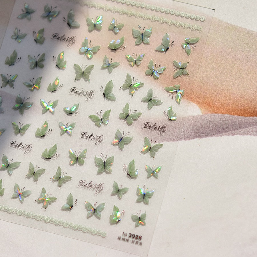 LuLuFun Studio | 5D Embossed Crystal Green Butterfly Nail Art Stickers