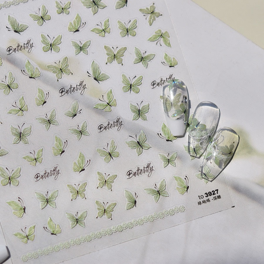 LuLuFun Studio | 5D Embossed Crystal Green Butterfly Nail Art Stickers