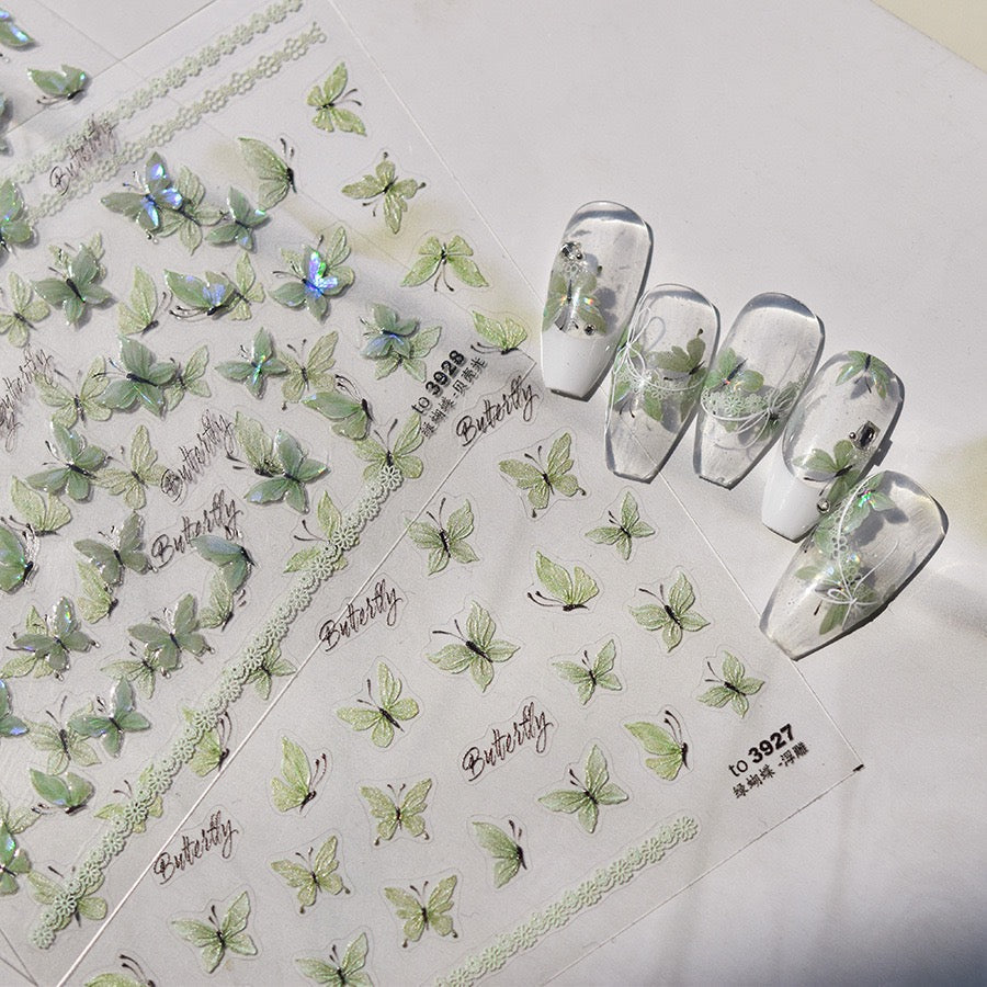 LuLuFun Studio | 5D Embossed Crystal Green Butterfly Nail Art Stickers