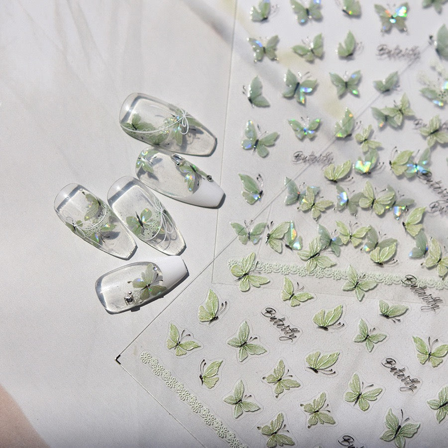 LuLuFun Studio | 5D Embossed Crystal Green Butterfly Nail Art Stickers