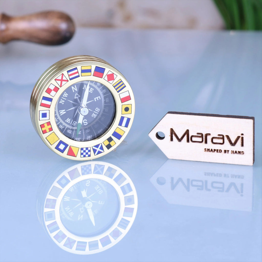 Brass Pocket Compass Paperweight Code Flags