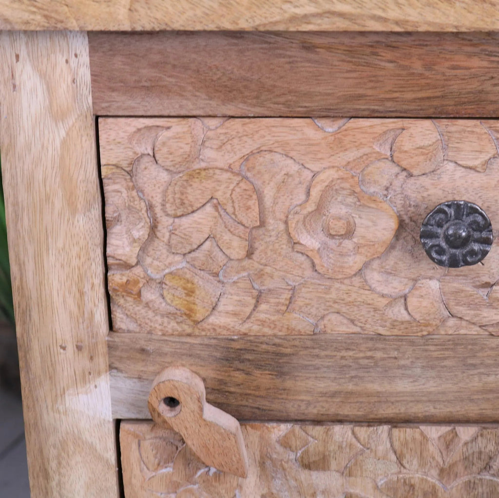 Nausel Mango Wood Bedside Cabinet Hand Carved