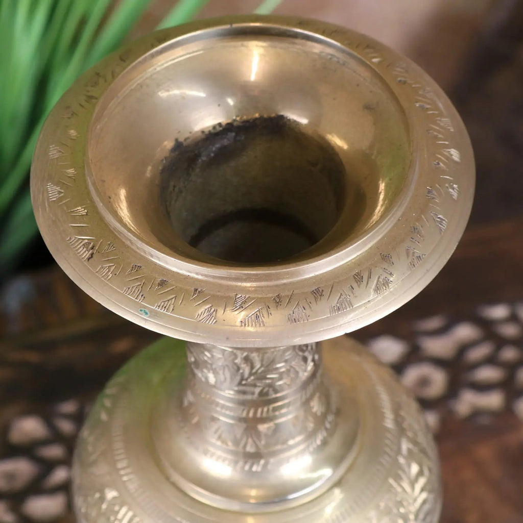 Vintage 36cm Small Brass Vase Hand Etched