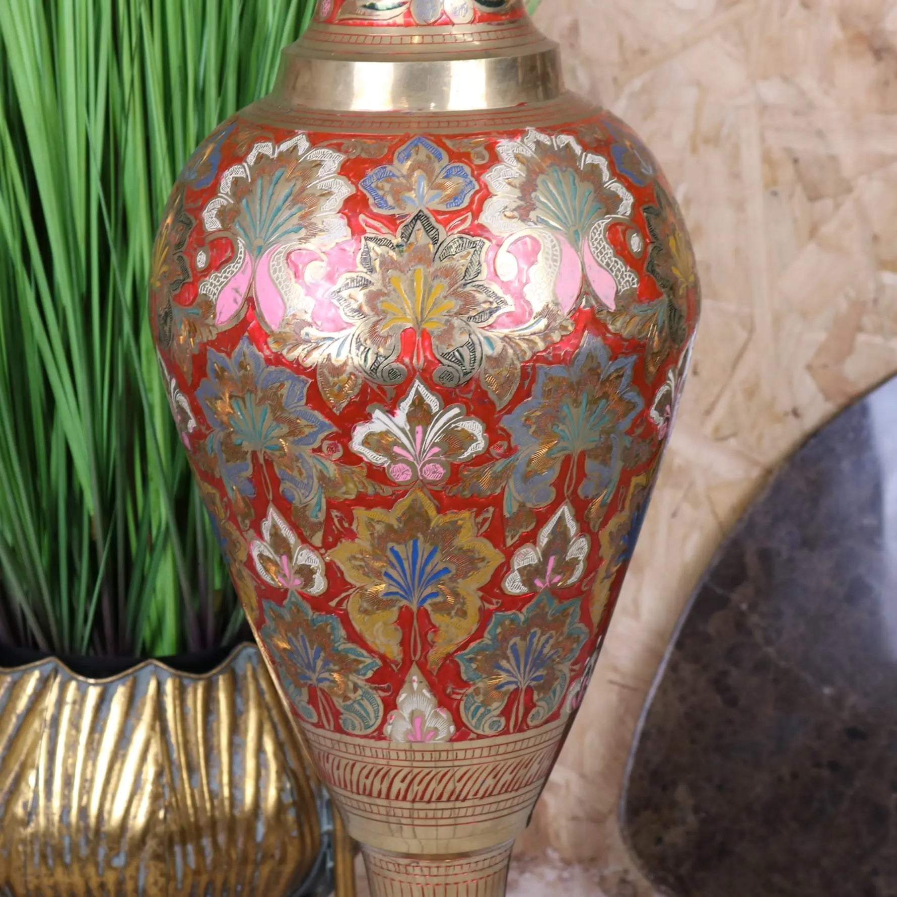 Vintage Brass Vase 92cm Large Hand Painted and Etched