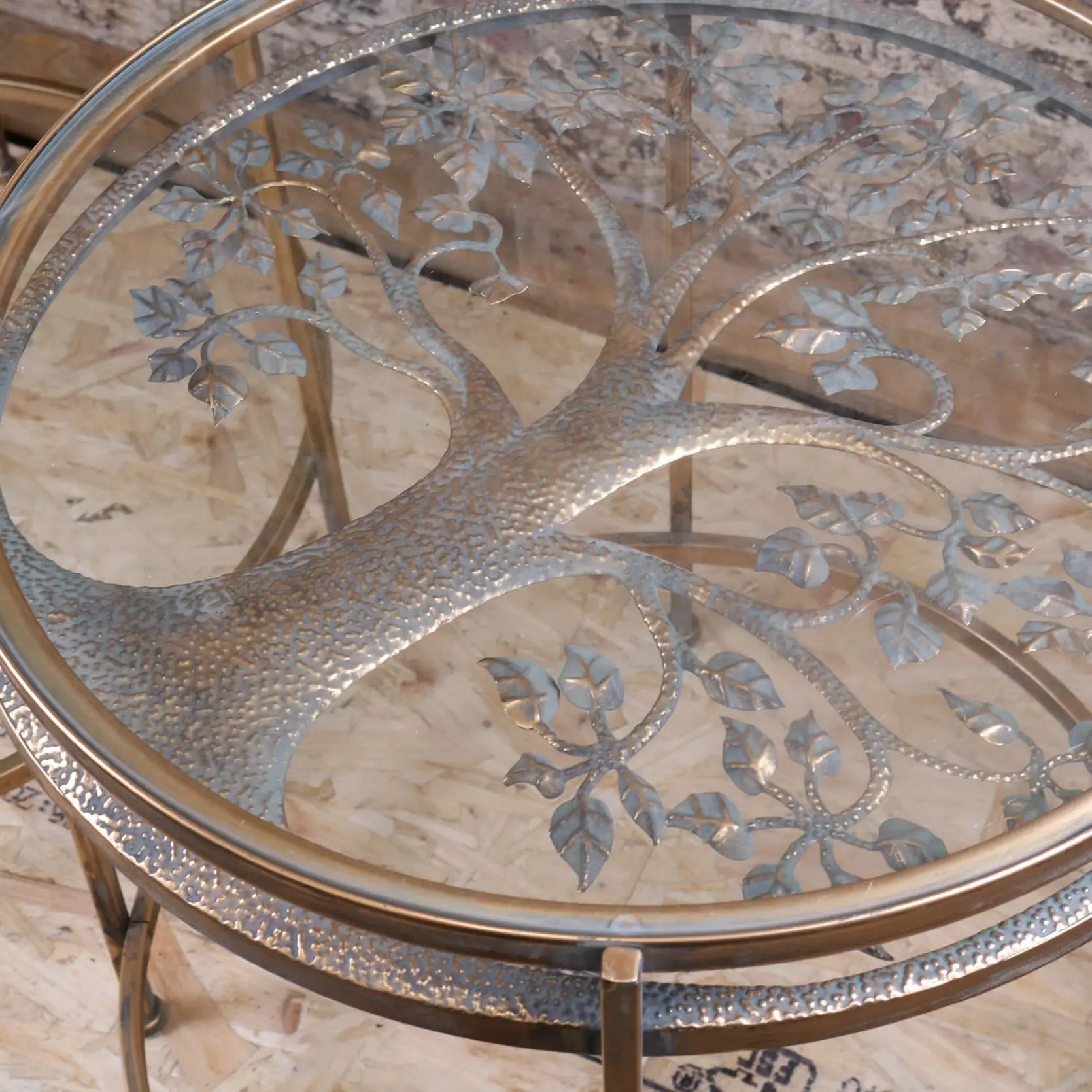 Belagavi Tree Design Set of 2 Round Side Tables Gold