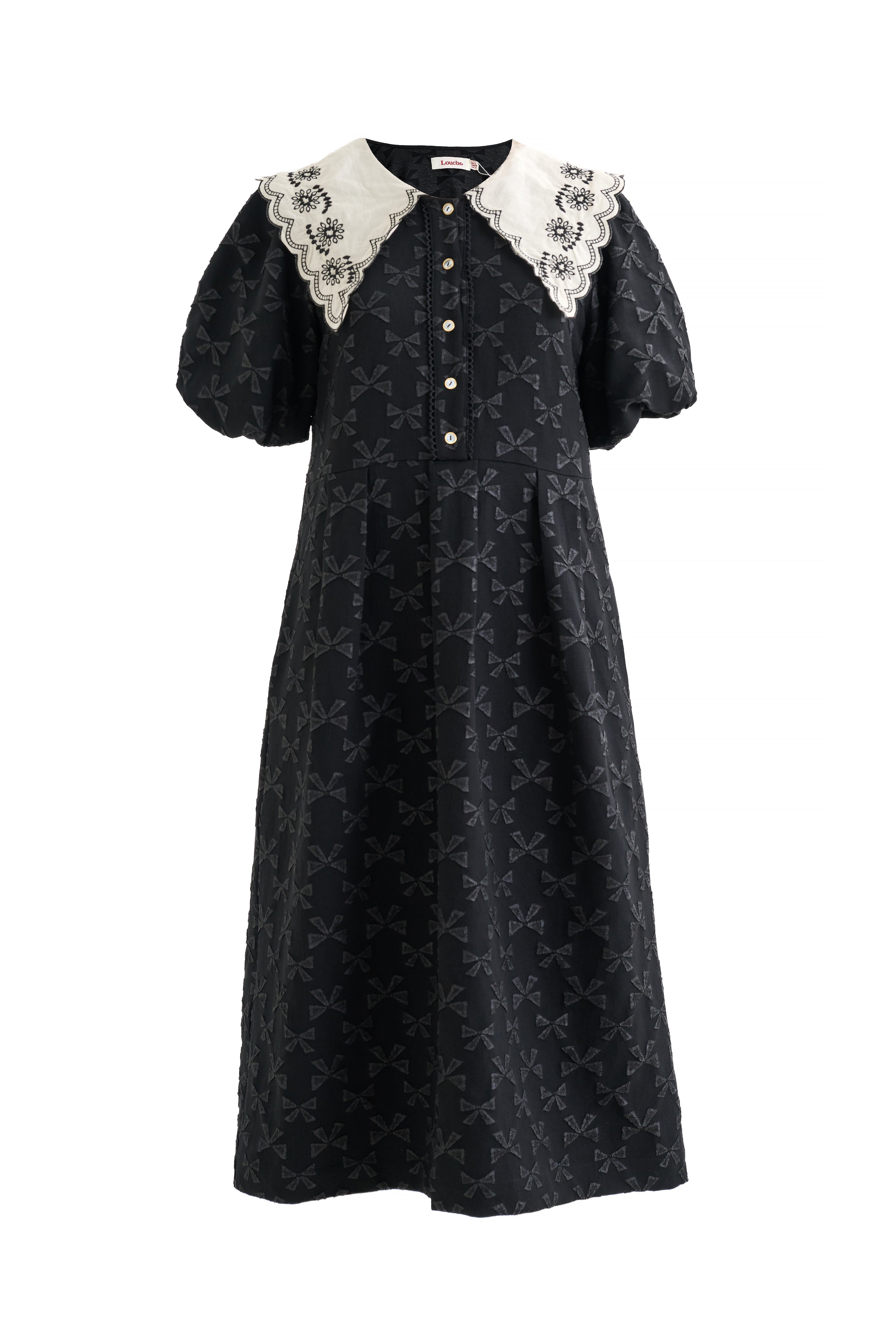 Iris Bow Black Jacquard White Embroidered Collar Midi Dress