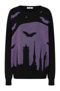 Banned Apparel Lyra Jumper – Purple Goth Bat & Skyline Knit Sweater