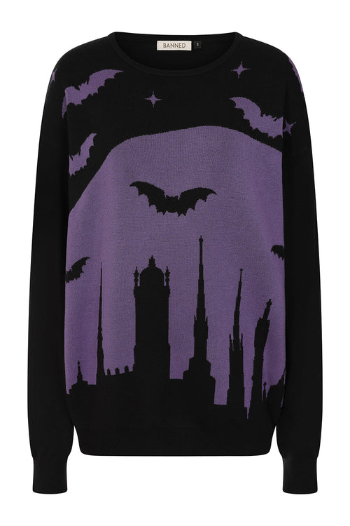 Banned Apparel Lyra Jumper – Purple Goth Bat & Skyline Knit Sweater