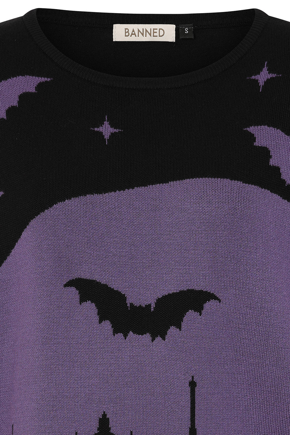 Banned Apparel Lyra Jumper – Purple Goth Bat & Skyline Knit Sweater