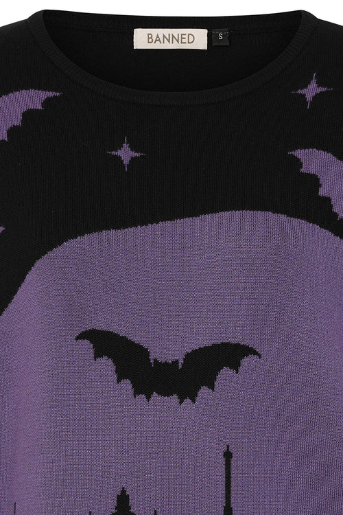 Banned Apparel Lyra Jumper – Purple Goth Bat & Skyline Knit Sweater