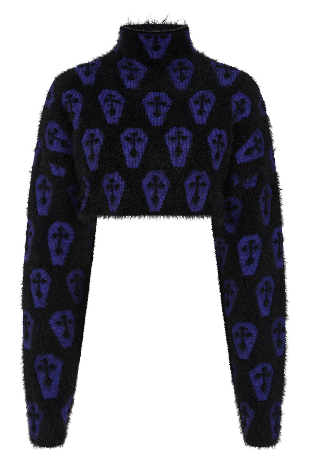 Banned Apparel Lyric Jumper – Black & Purple Coffin Print Cropped Knit