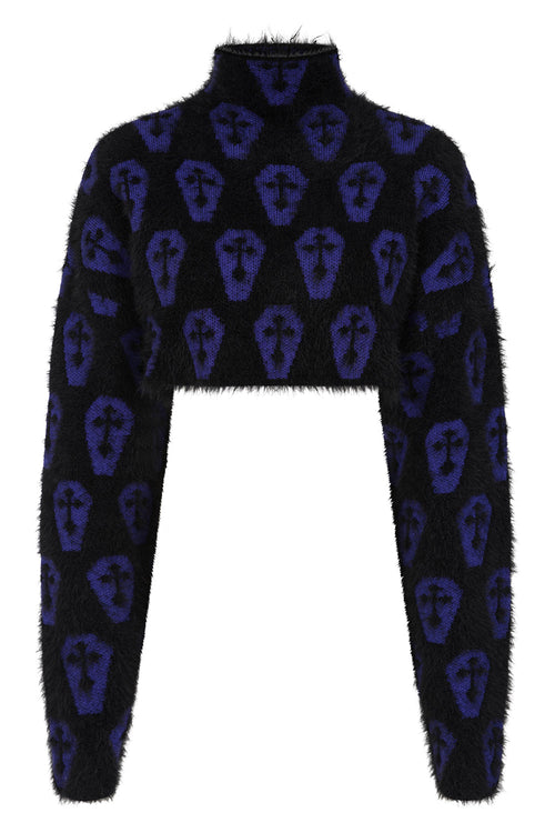 Banned Apparel Lyric Jumper – Black & Purple Coffin Print Cropped Knit