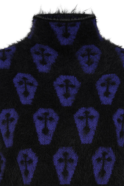 Banned Apparel Lyric Jumper – Black & Purple Coffin Print Cropped Knit