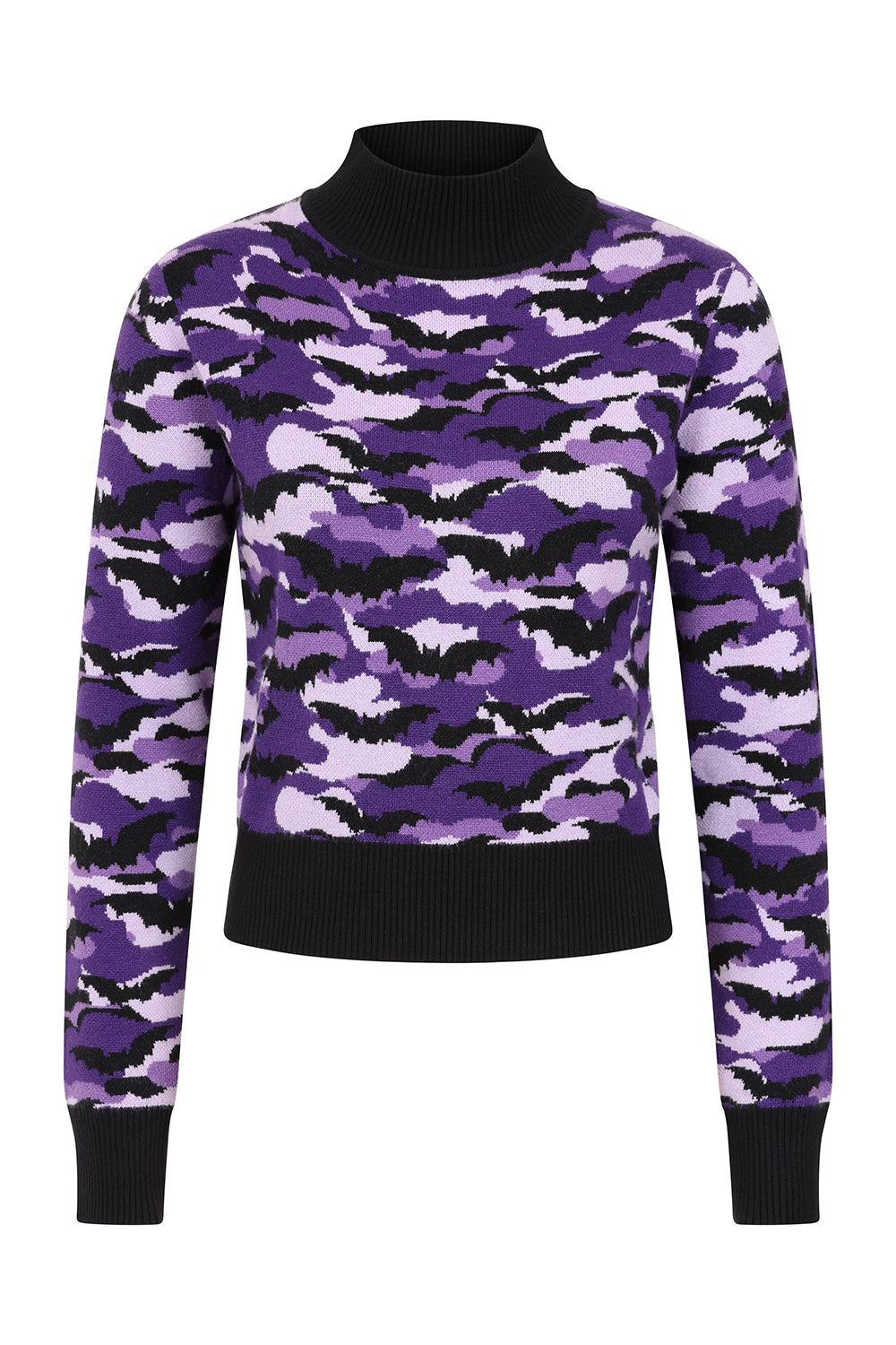 Banned Apparel Vex Jumper – Purple Bat Camo Cropped Goth Knit