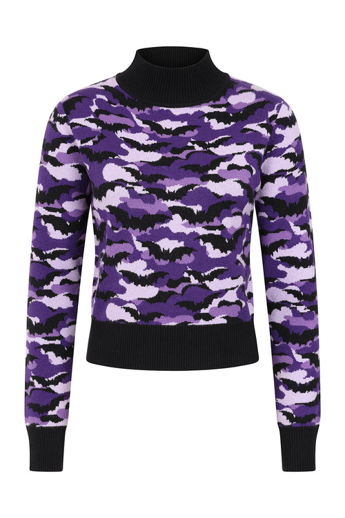 Banned Apparel Vex Jumper – Purple Bat Camo Cropped Goth Knit