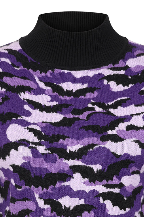 Banned Apparel Vex Jumper – Purple Bat Camo Cropped Goth Knit