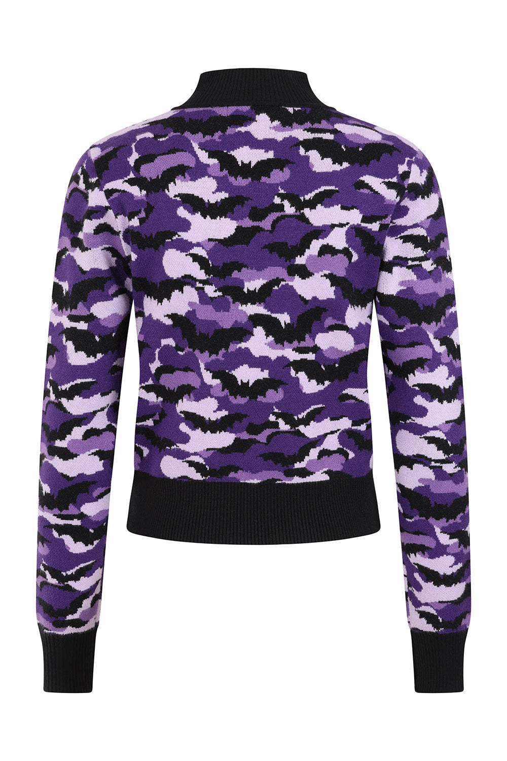 Banned Apparel Vex Jumper – Purple Bat Camo Cropped Goth Knit