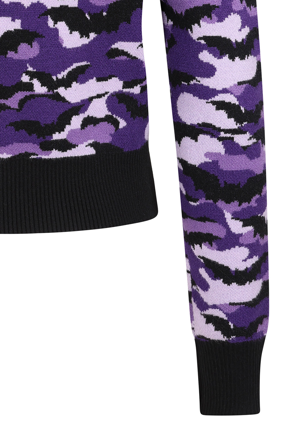Banned Apparel Vex Jumper – Purple Bat Camo Cropped Goth Knit
