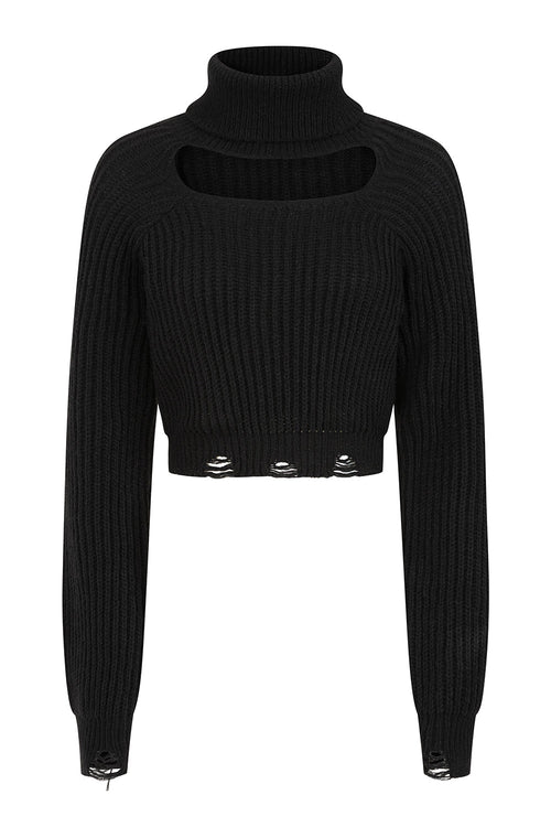 Banned Apparel Elysia Black Cropped Knit Jumper | Distressed Goth Style