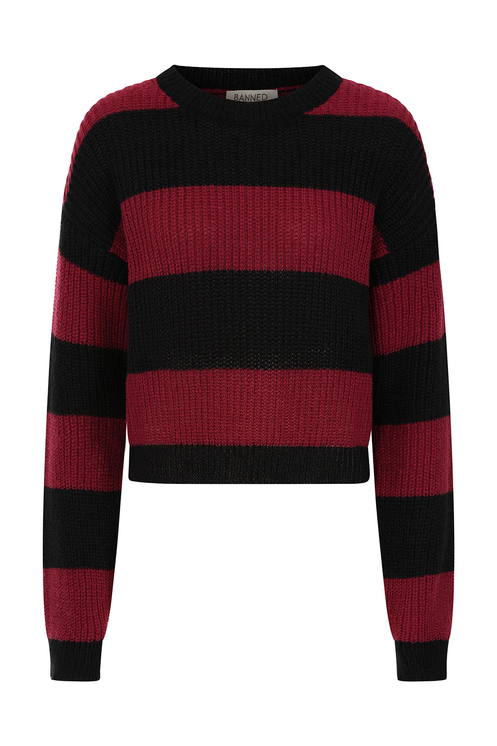 Banned Apparel Elara Jumper – Black and Red Striped Goth Cropped Knit