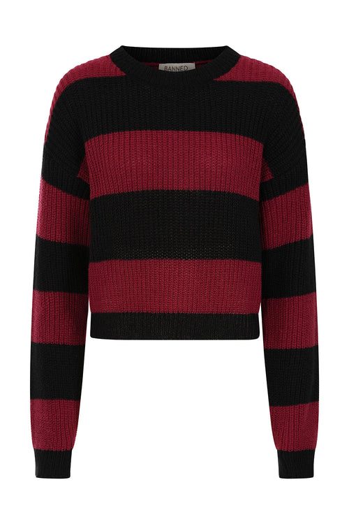 Banned Apparel Elara Jumper – Black and Red Striped Goth Cropped Knit