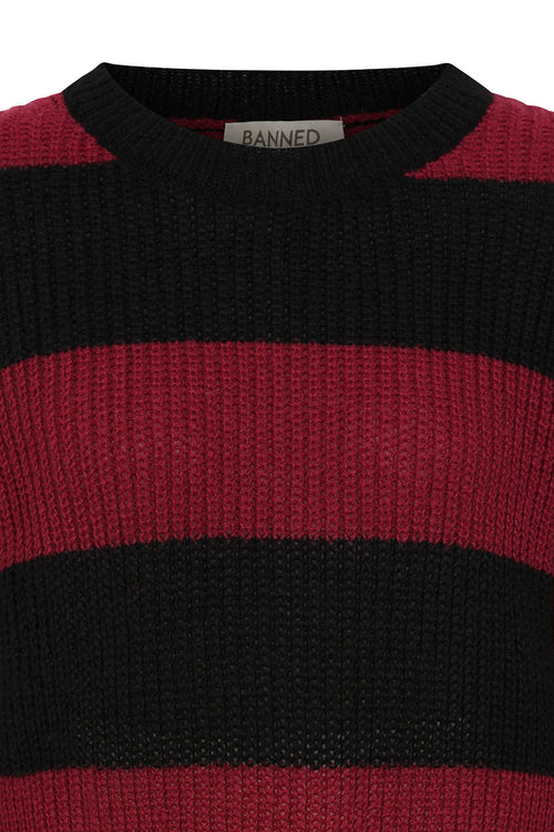 Banned Apparel Elara Jumper – Black and Red Striped Goth Cropped Knit