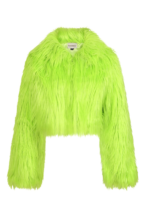 Banned Apparel Glacia Neon Green Faux Fur Jacket – Shaggy Cropped Coat