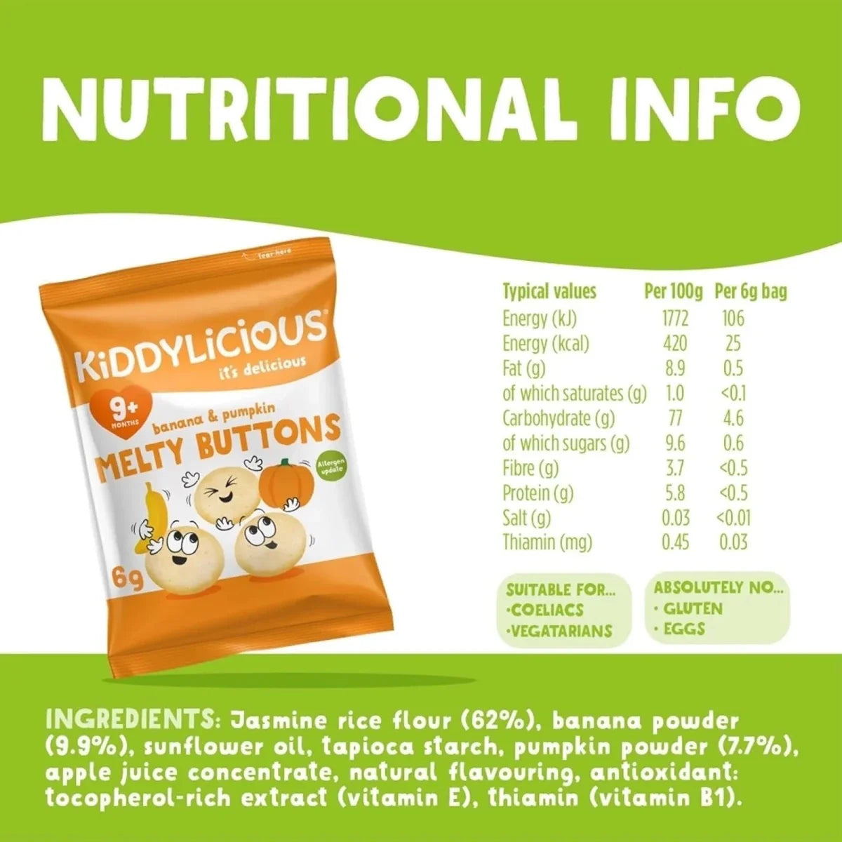 Kiddylicious Banana & Pumpkin Melty Buttons 9+ months 30g (5x6g) - image 3
