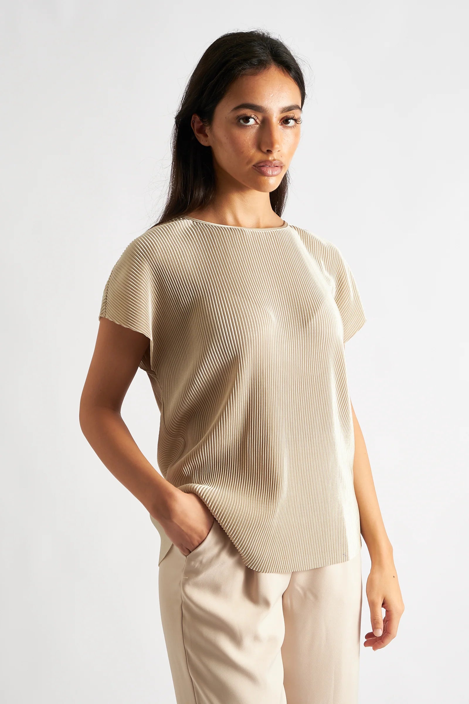 Korine Pleated Short Sleeve Top - Stone