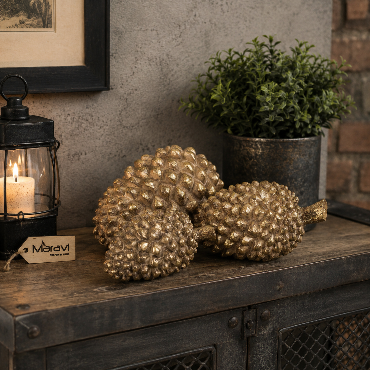 Kurki Set of 3 Antiqued Gold Pinecones Ornaments
