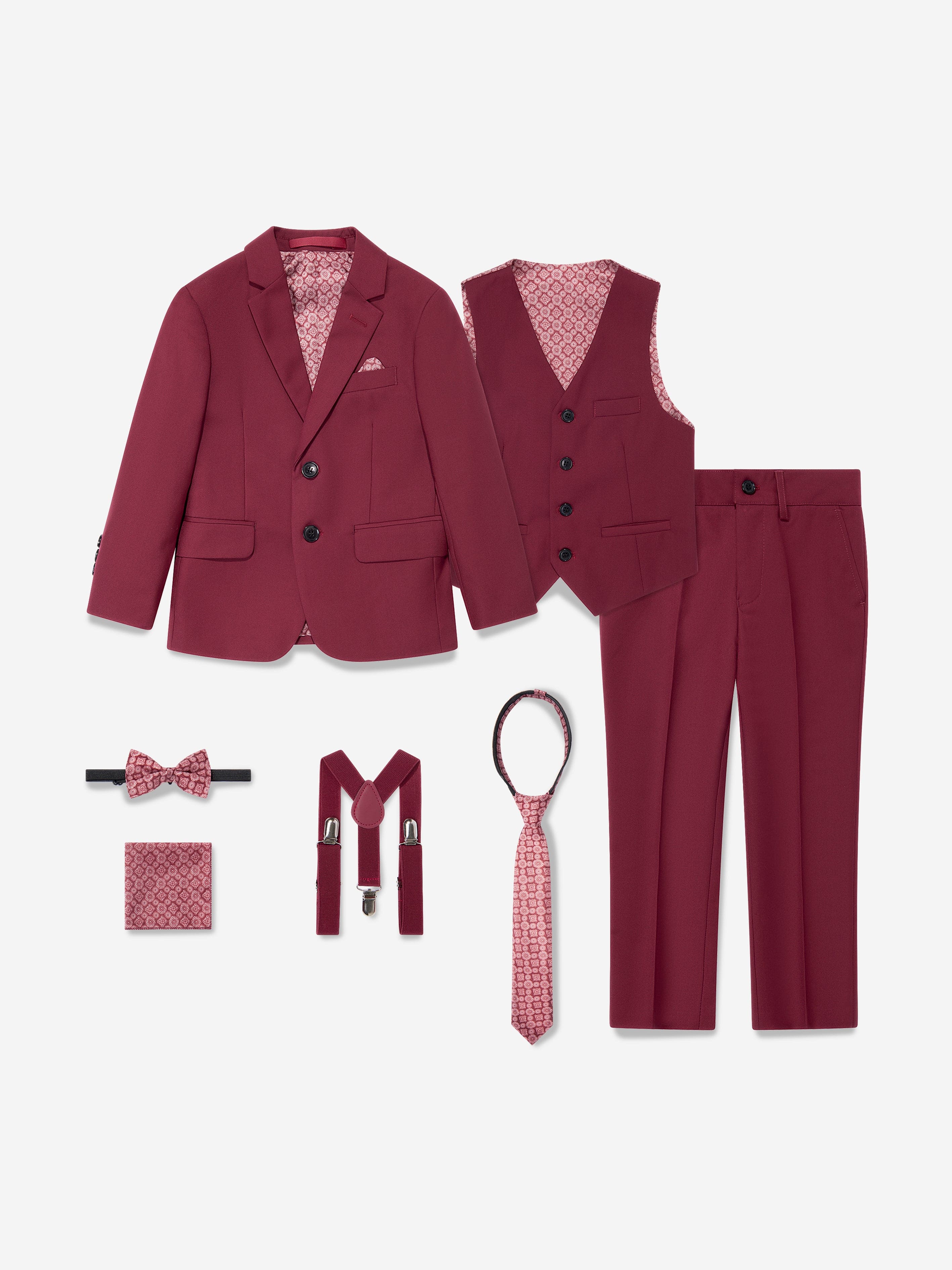 SUITLAB London Boys 7-Piece Formal Suit Set in Burgundy Red Viscose