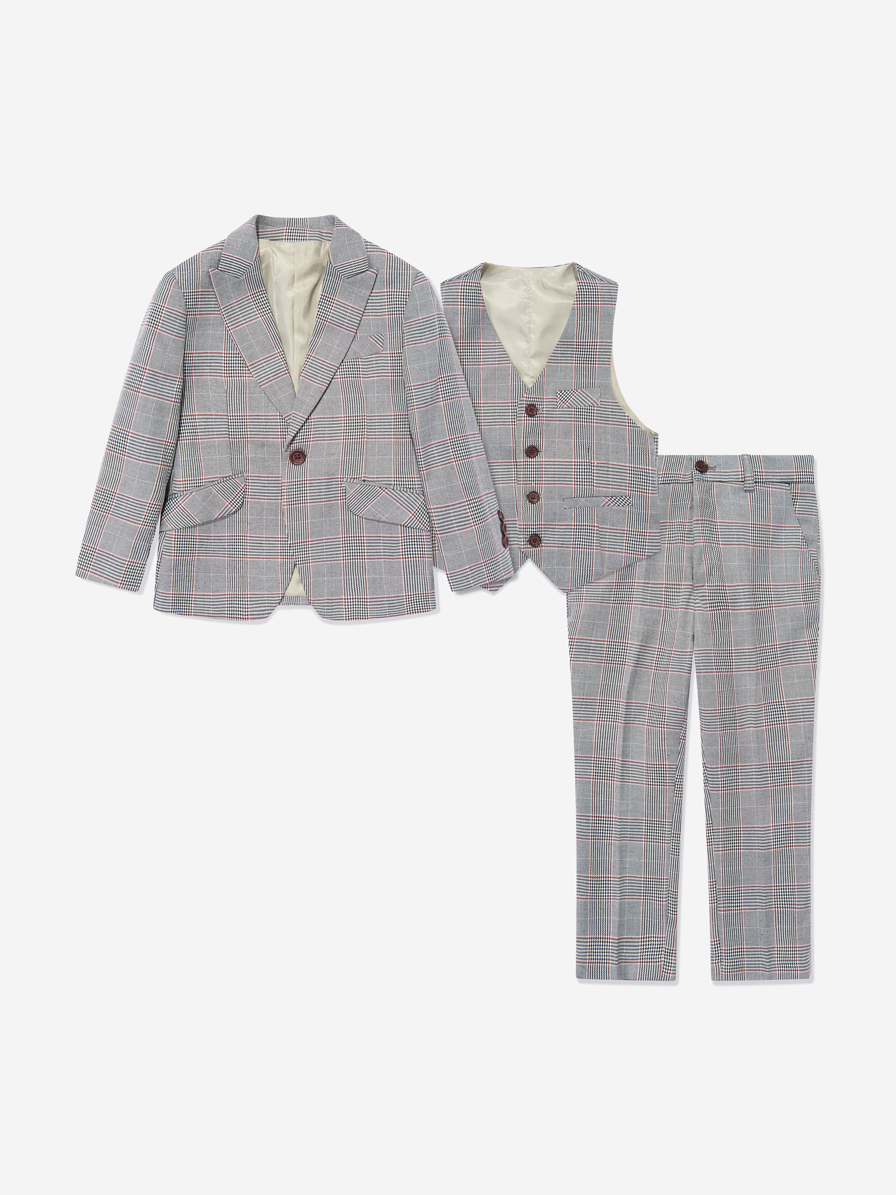 SUITLAB London Boys Grey Checked 3 Piece Suit Set - Dogtooth Print