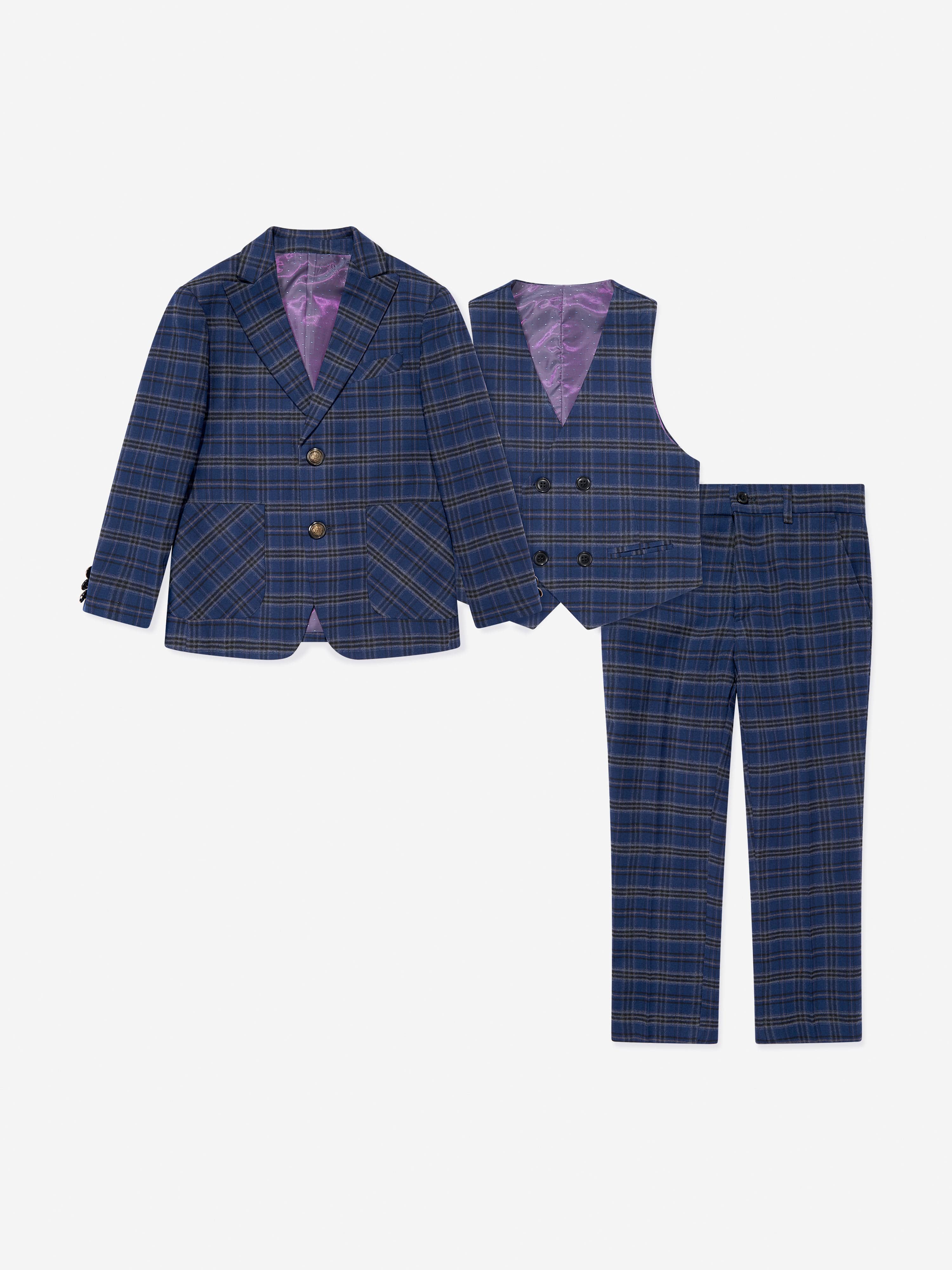 SUITLAB London Boys Navy Checked 3 Piece Suit Set | Plaid Viscose Blend