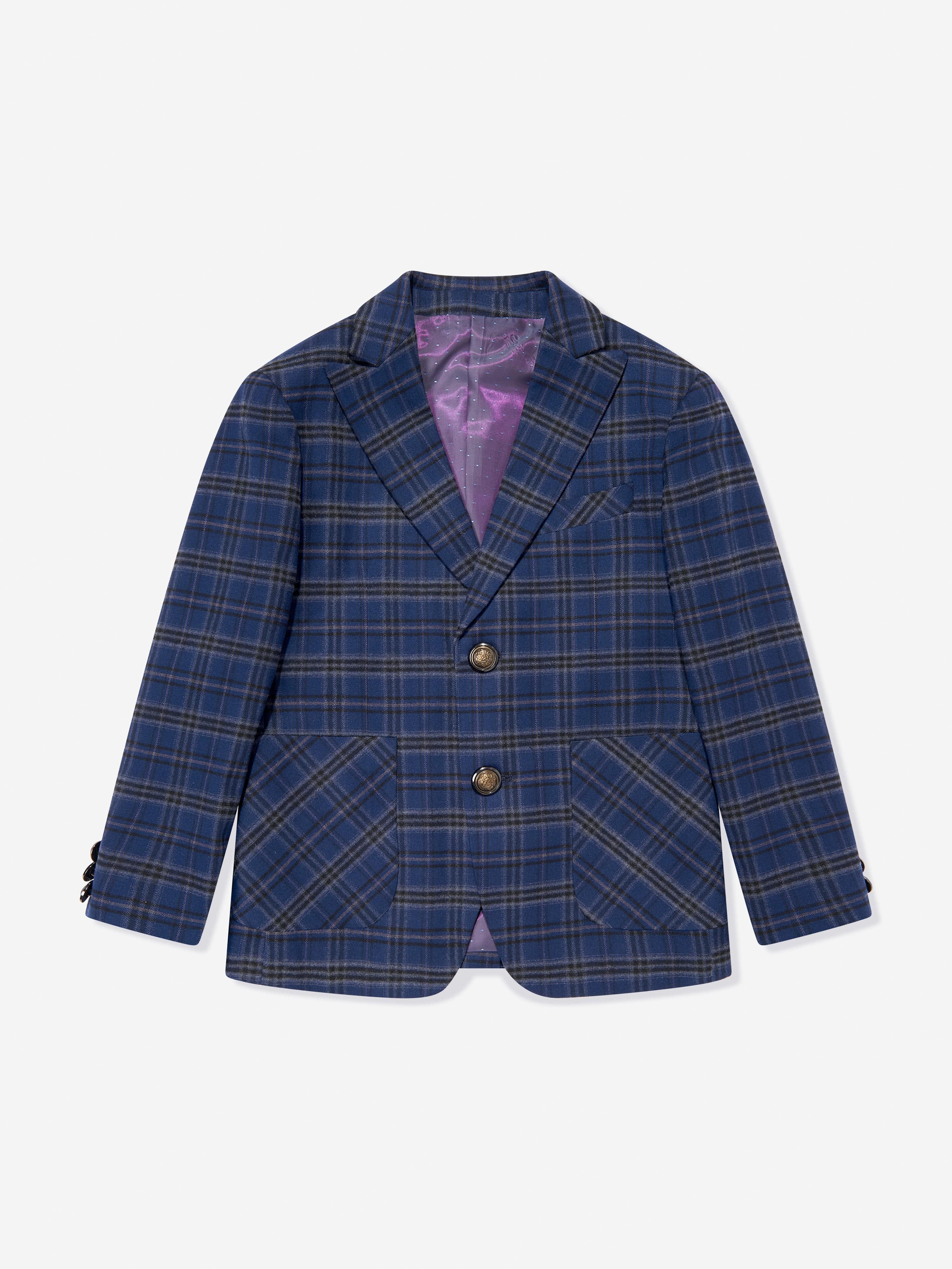 SUITLAB London Boys Navy Checked 3 Piece Suit Set | Plaid Viscose Blend