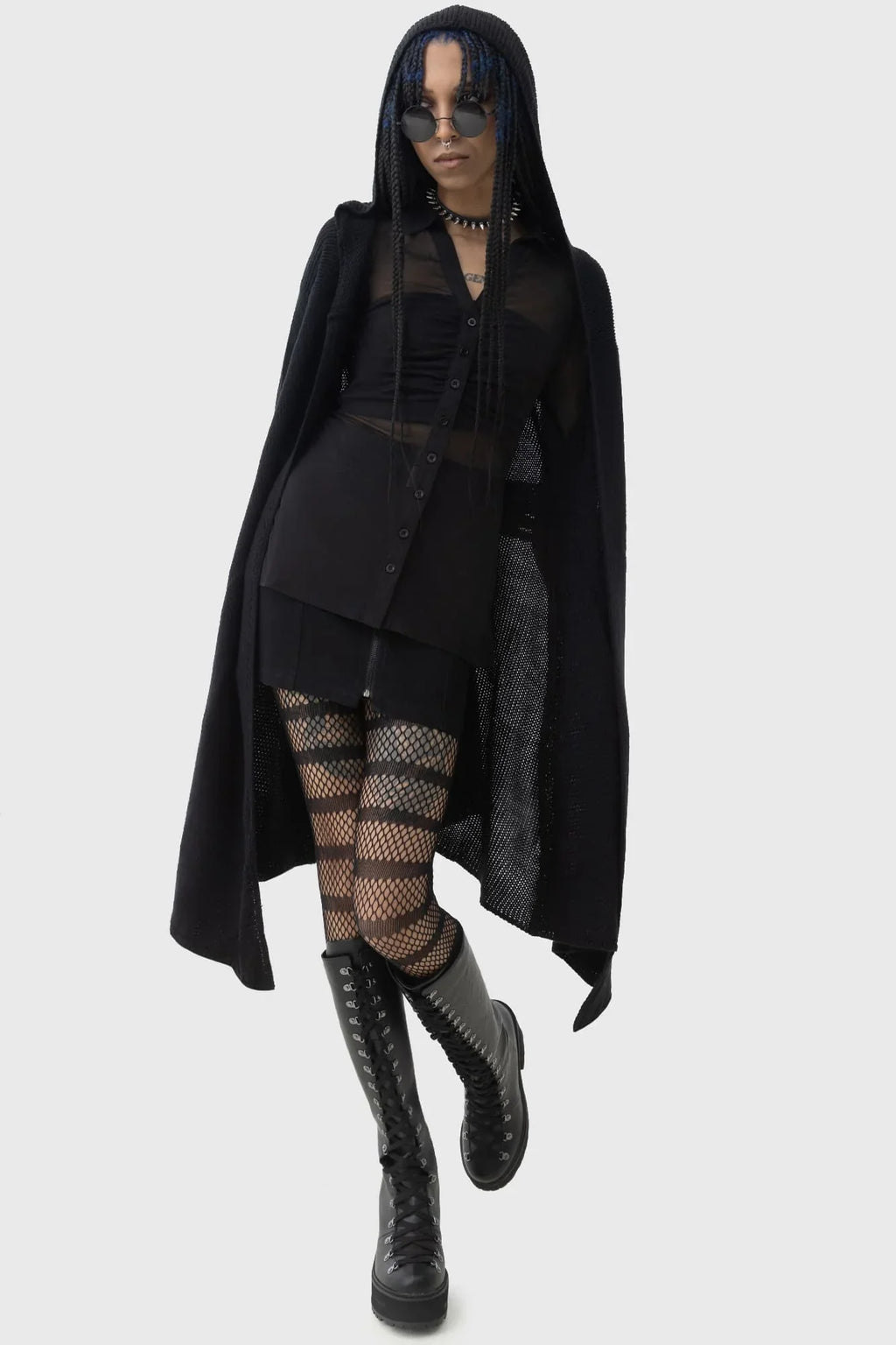 Killstar Last Quarter Hooded Cardigan – Black Knit Gothic Dip Hem Wrap