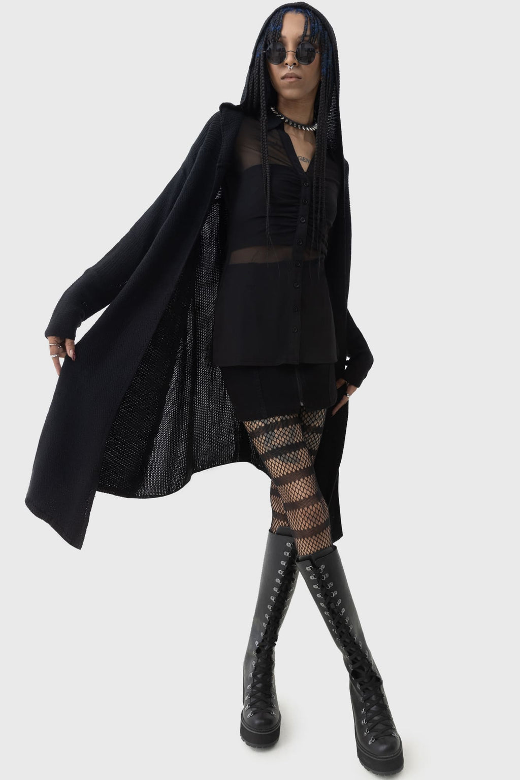 Killstar Last Quarter Hooded Cardigan – Black Knit Gothic Dip Hem Wrap