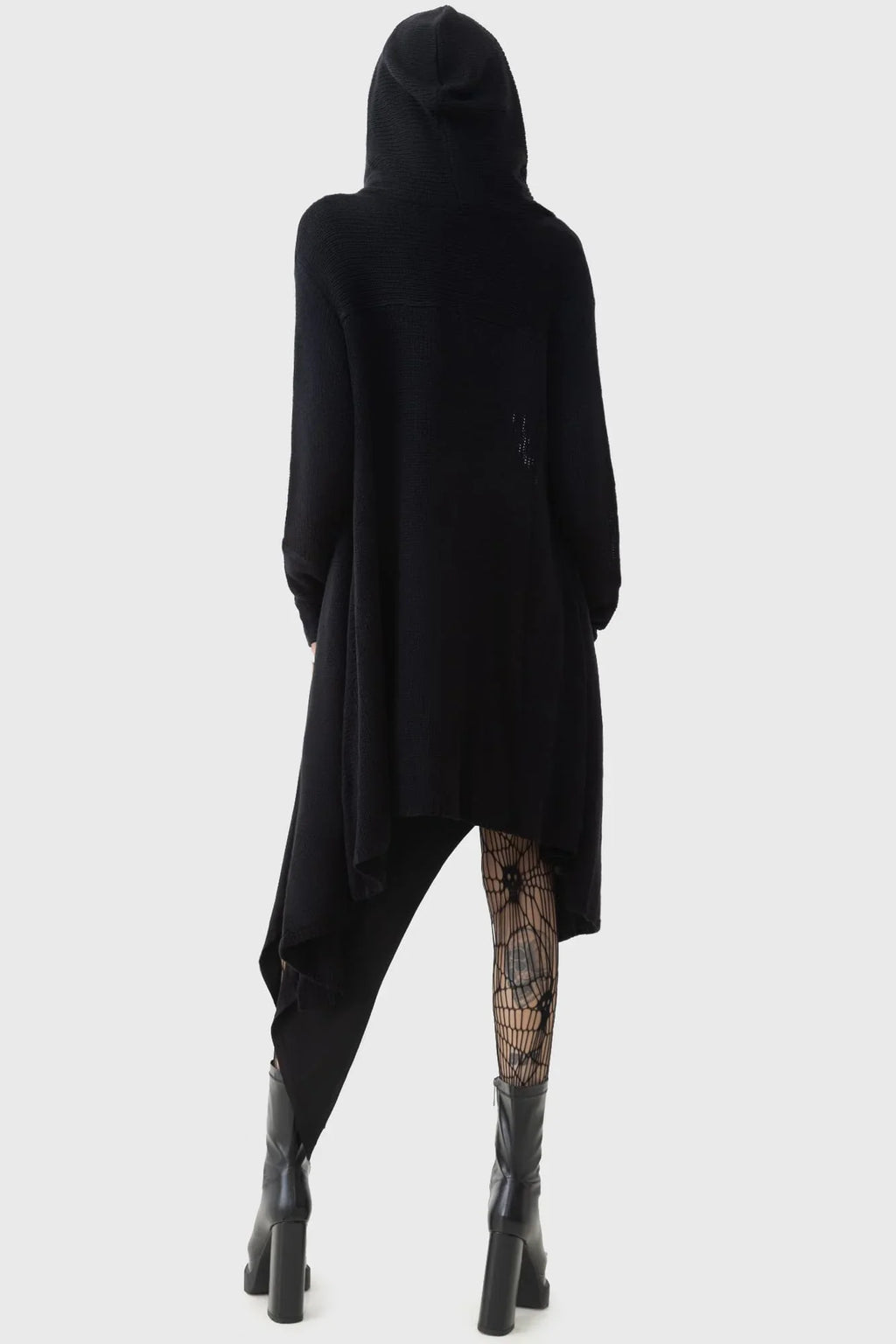 Killstar Last Quarter Hooded Cardigan – Black Knit Gothic Dip Hem Wrap