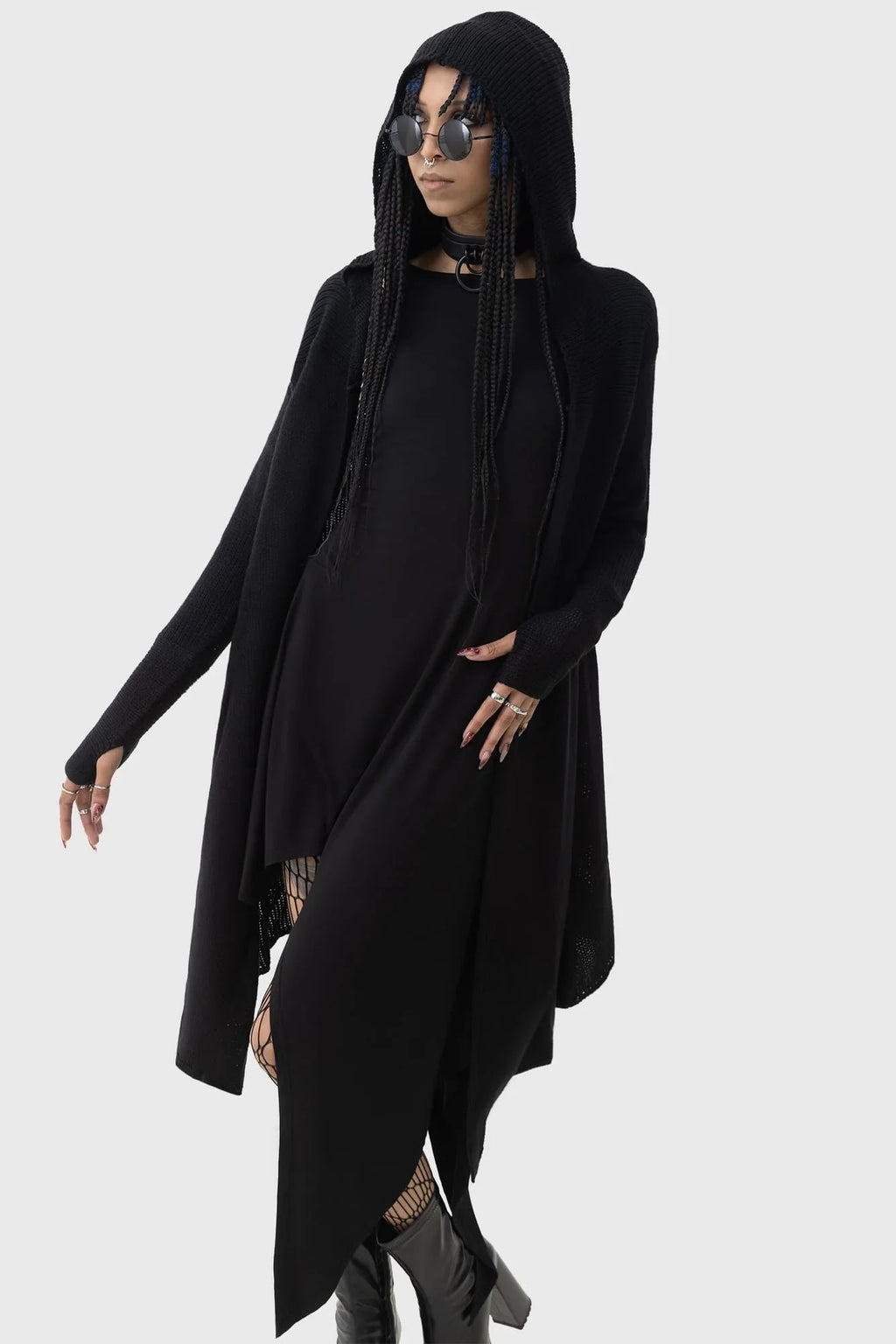 Killstar Last Quarter Hooded Cardigan – Black Knit Gothic Dip Hem Wrap
