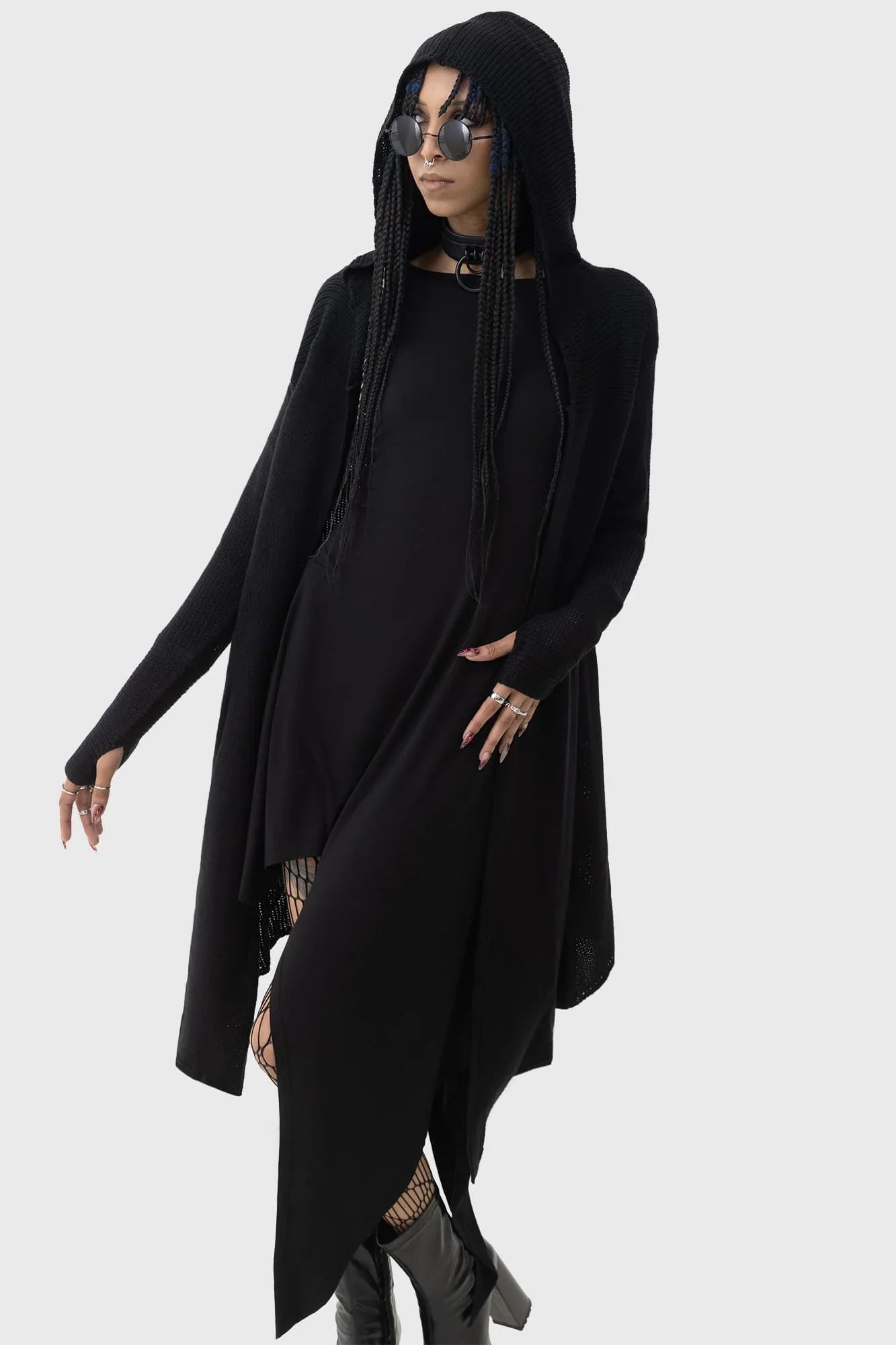 Killstar Last Quarter Hooded Cardigan – Black Knit Gothic Dip Hem Wrap
