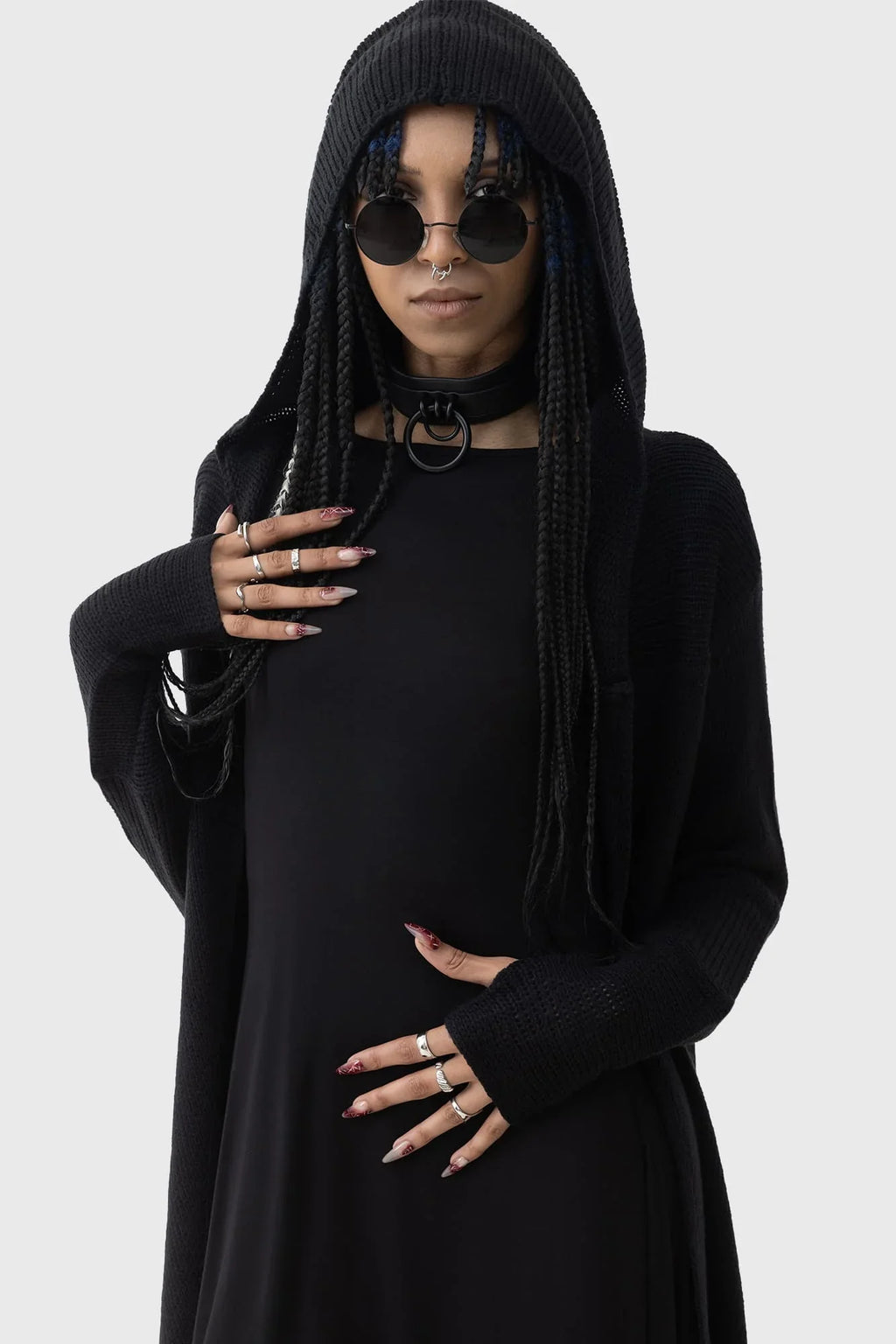 Killstar Last Quarter Hooded Cardigan – Black Knit Gothic Dip Hem Wrap