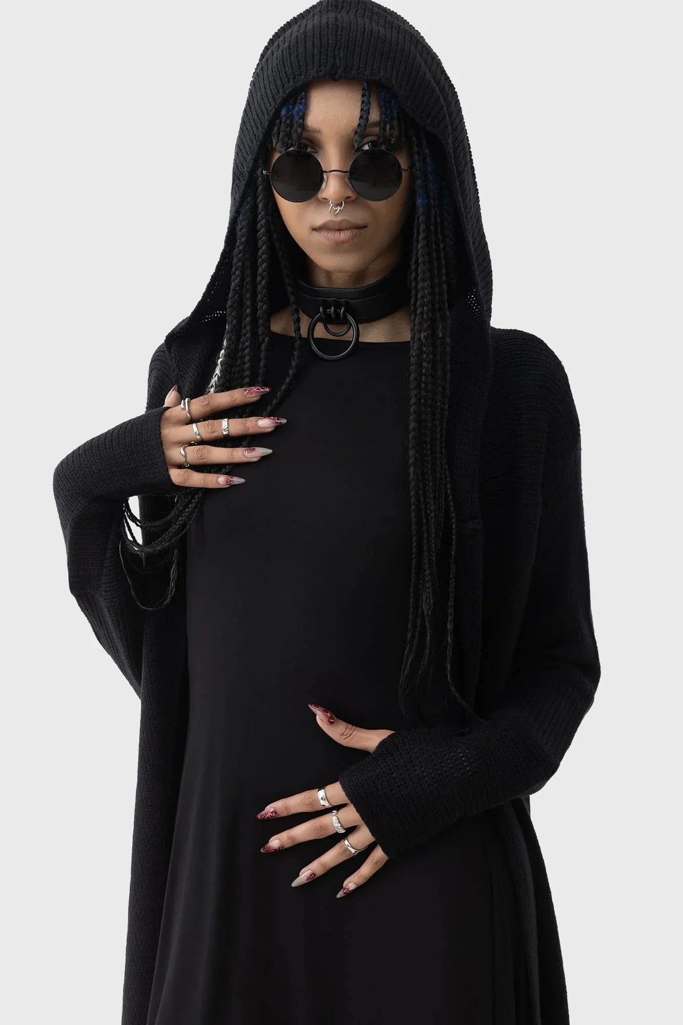 Killstar Last Quarter Hooded Cardigan – Black Knit Gothic Dip Hem Wrap
